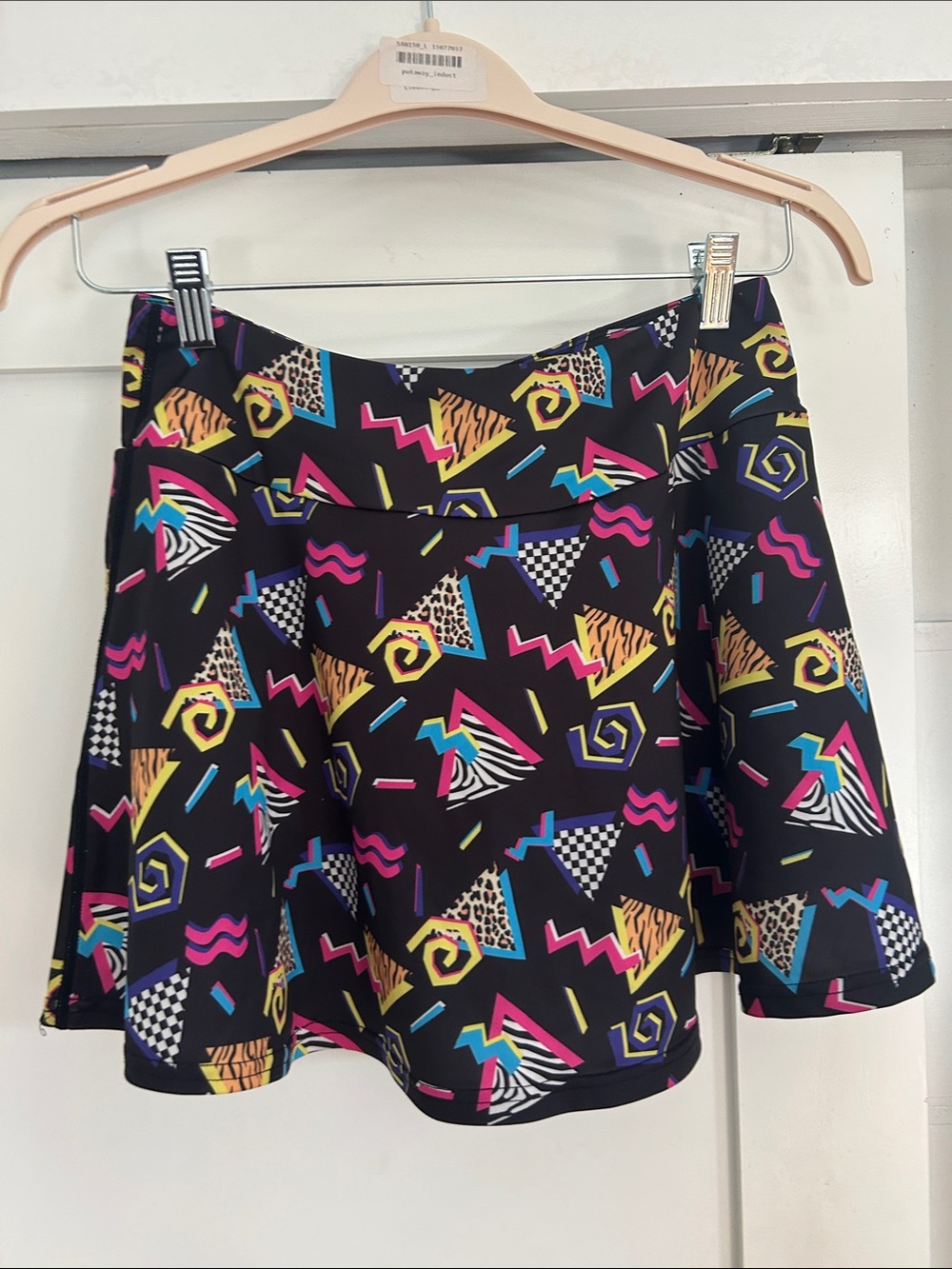 Retro Geometric Print Skater Skirt - Black with Neon Accents